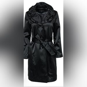 Like New Tahari- Black Longline Ruffle Button-Up Trench Coat w/Belt Size Small